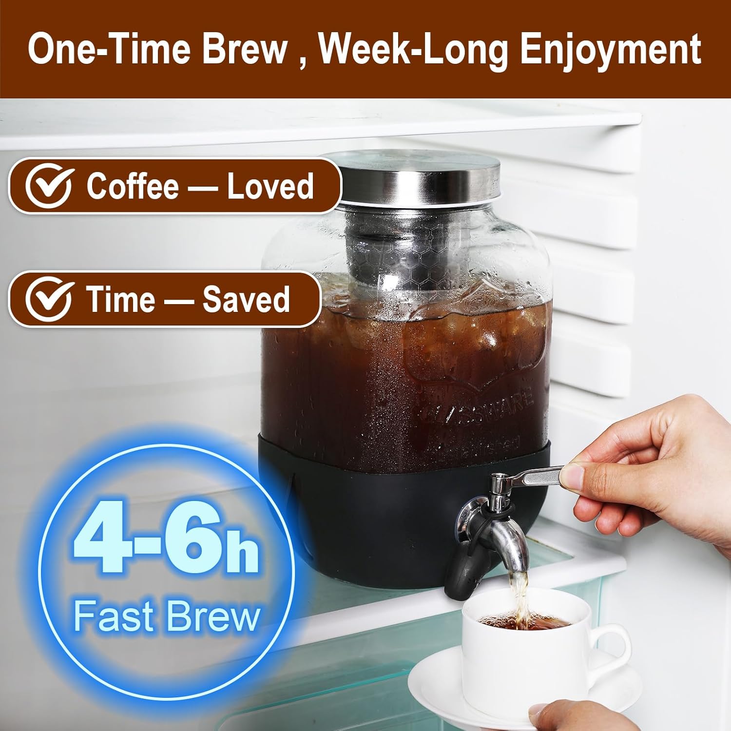 Cold Brew Coffee Maker, 1 Gallon Iced Coffee Maker With Stainless Steel Filter, Heavy Duty Glass Cold Brew Pitcher