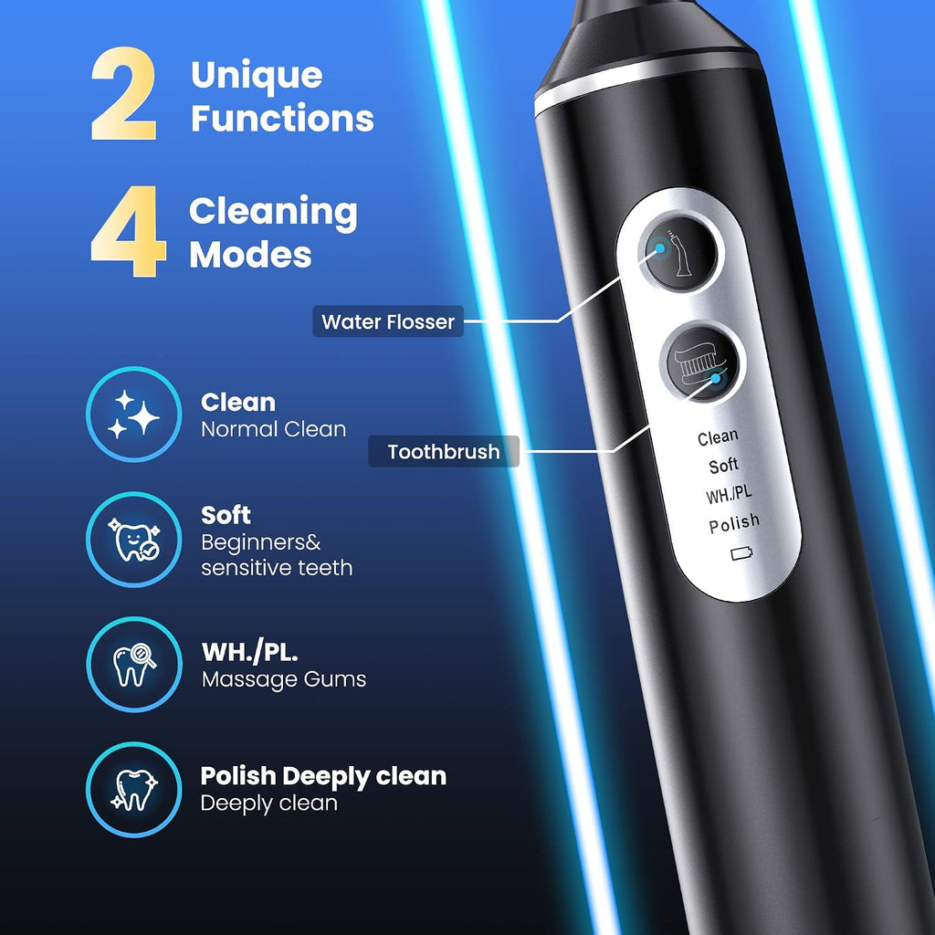 2-in-1 Electric Toothbrush with Water Flosser, Brush & Floss Combo, 3 Modes, 3 Brush Heads, Jet Tip, IPX7 Waterproof