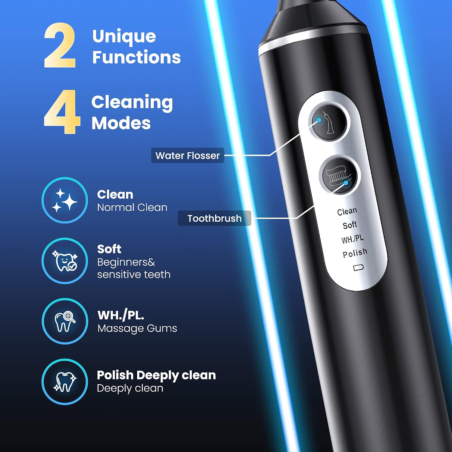2-in-1 Electric Toothbrush with Water Flosser, Brush & Floss Combo, 3 Modes, 3 Brush Heads, Jet Tip, IPX7 Waterproof