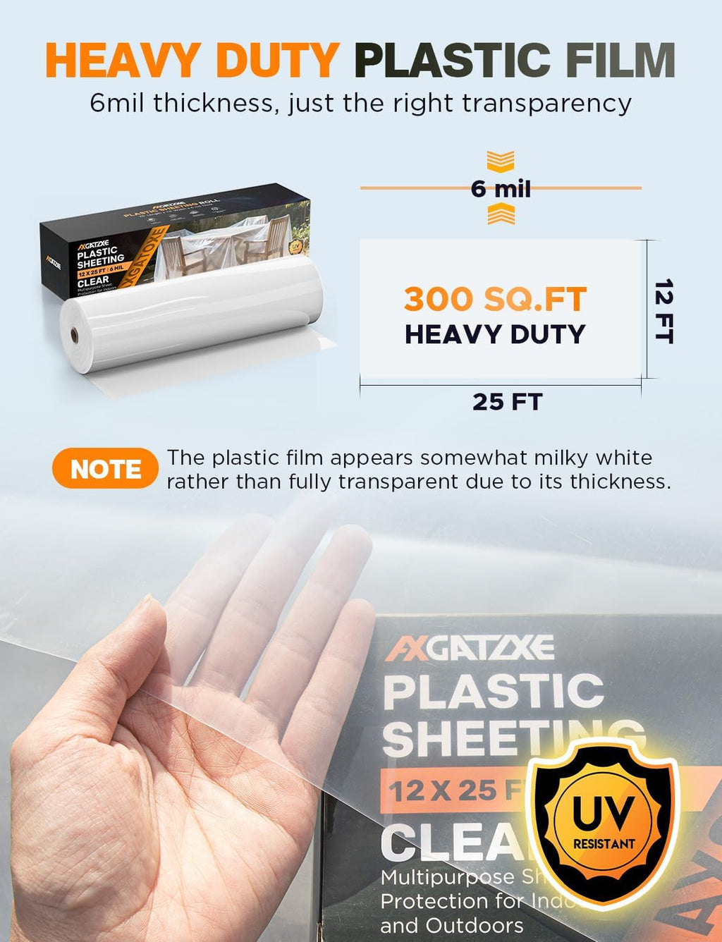 6 Mil 12x25 FT Heavy Duty Greenhouse Plastic Sheeting, 1-Roll