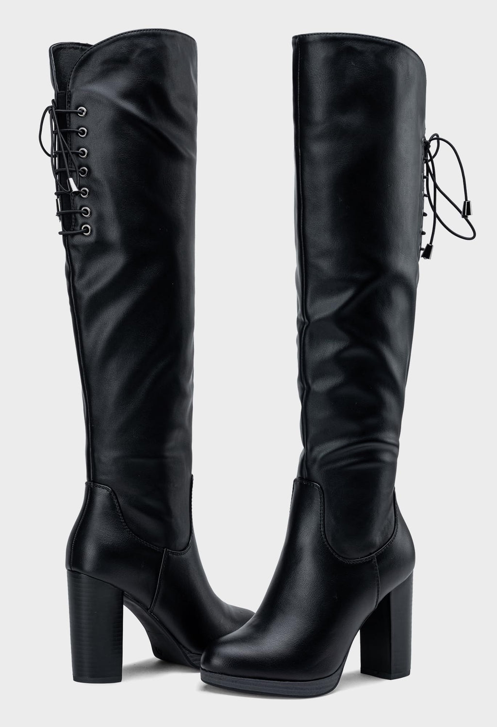 Women's Black PU Thigh High Chunky Platform Boots Size 8.5, 997