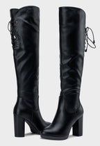 Women's Black PU Thigh High Chunky Platform Boots Size 8.5, 997