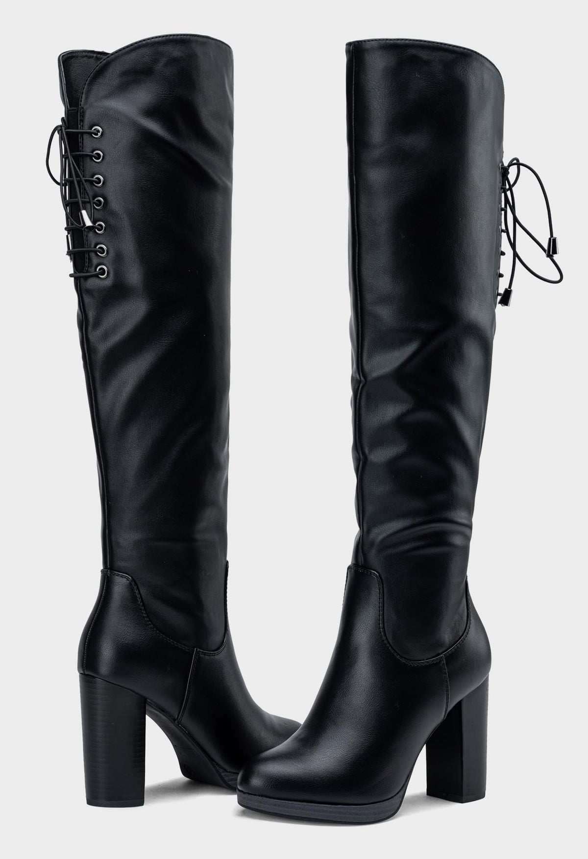 Women's Black PU Thigh High Chunky Platform Boots Size 8.5, 997