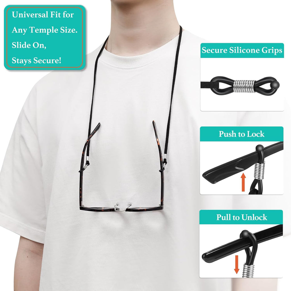 Extra Long Adjustable Glasses Strap for Reading Glasses, Black | Extra-long glasses holder string around neck;