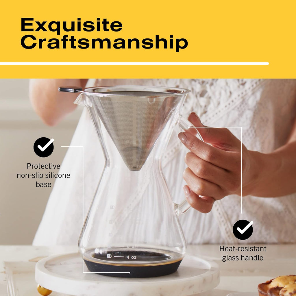 Pour Over Coffee Maker - Glass Dripper with Steel Filter 20 Oz | Dishwasher Safe, Borosilicate Carafe, Reusable