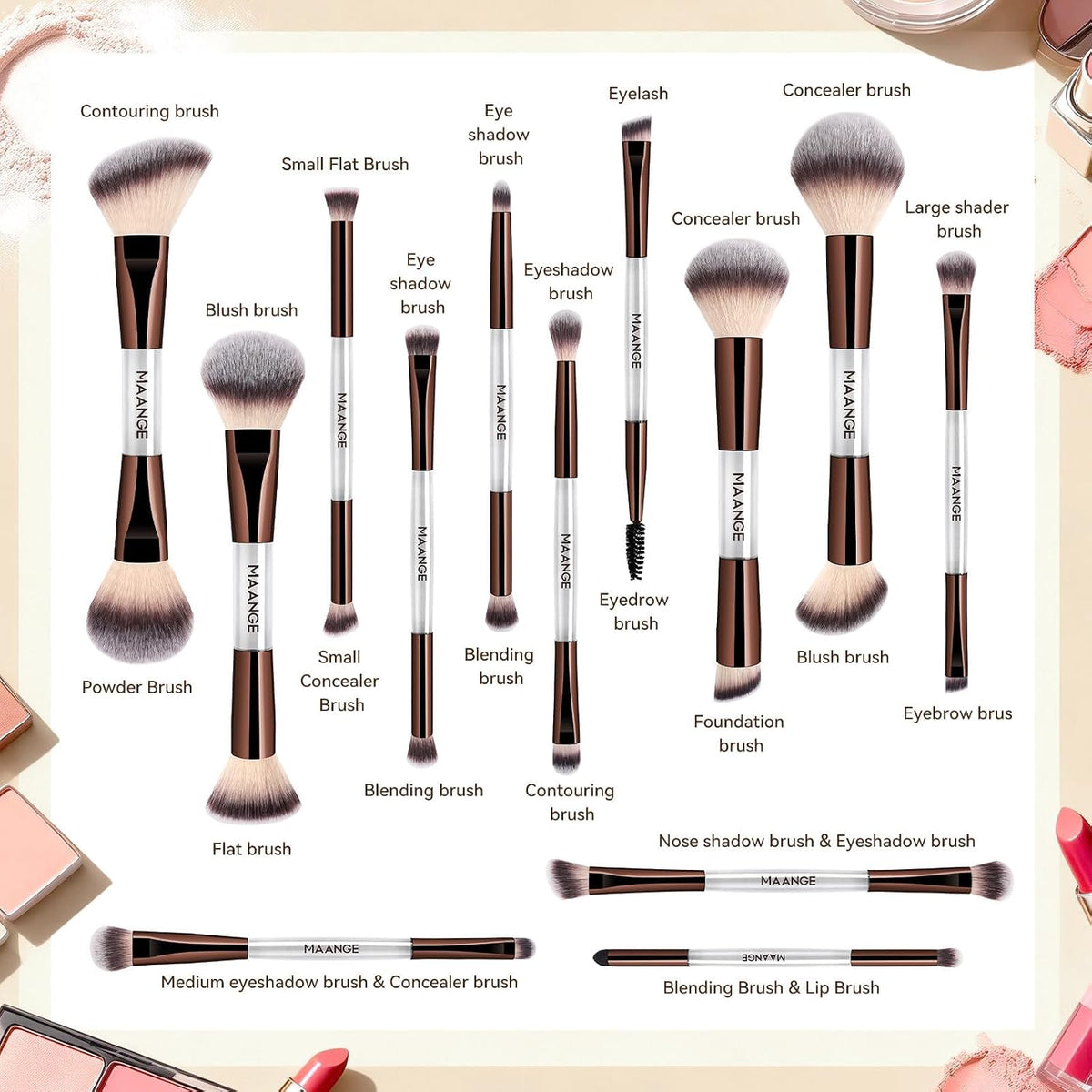 13 Pcs Foundation Makeup Brush Set With Bag, Make up Brushes, Double-End Multi Functional Makeup Brushes