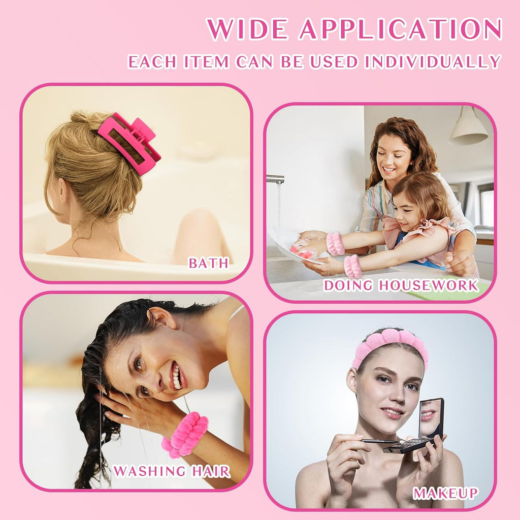 Pink Rose Red Spa Headband And Wristband Set Skincare Headband For Washing Face Hair Claw Clips For Thick Hair Cute