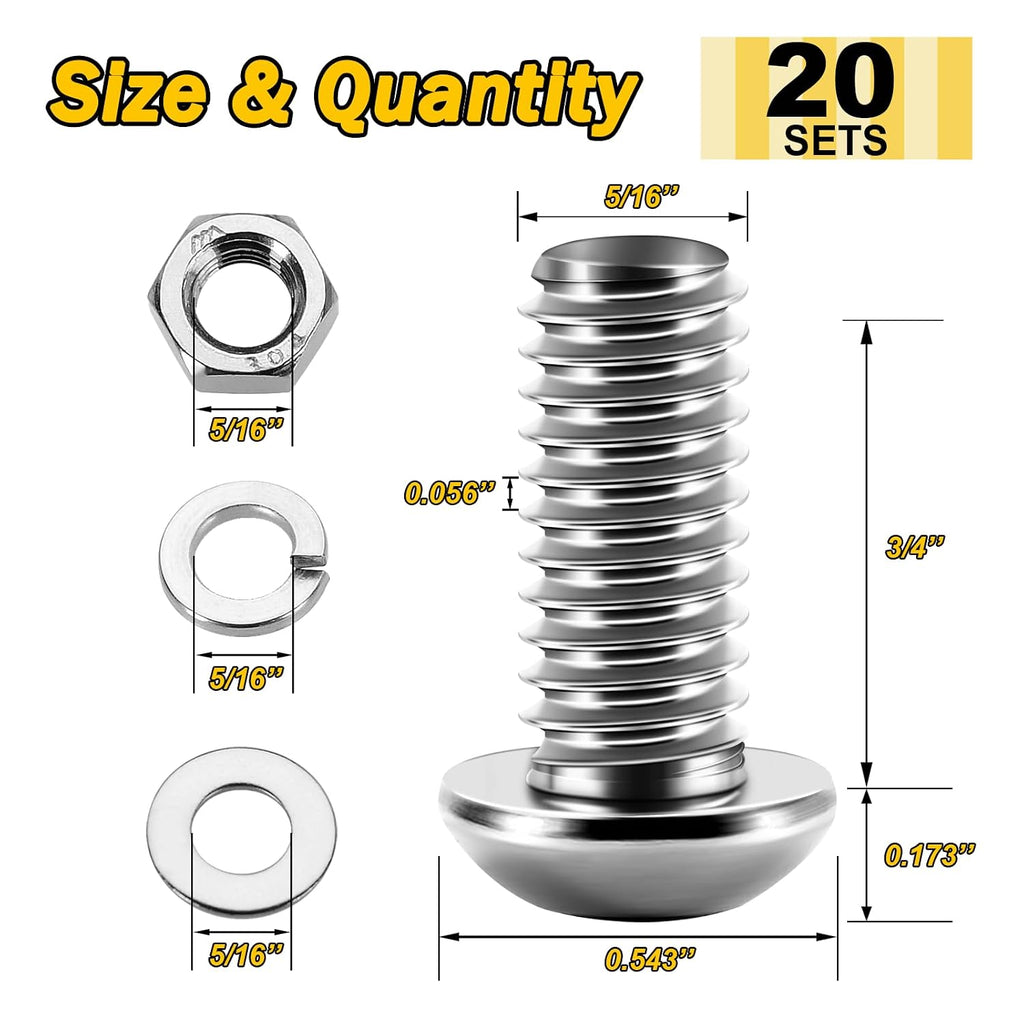 (20Sets) 5/16-18 Bolt x 3/4" Button Head Socket Cap Bolts, Screws Nuts and Bolts, 5/16 Bolt, 304 Stainless Steel Bolts and Nuts Coarse Thread, Bright Finish, Allen Screws Furniture Bolts By Mywish