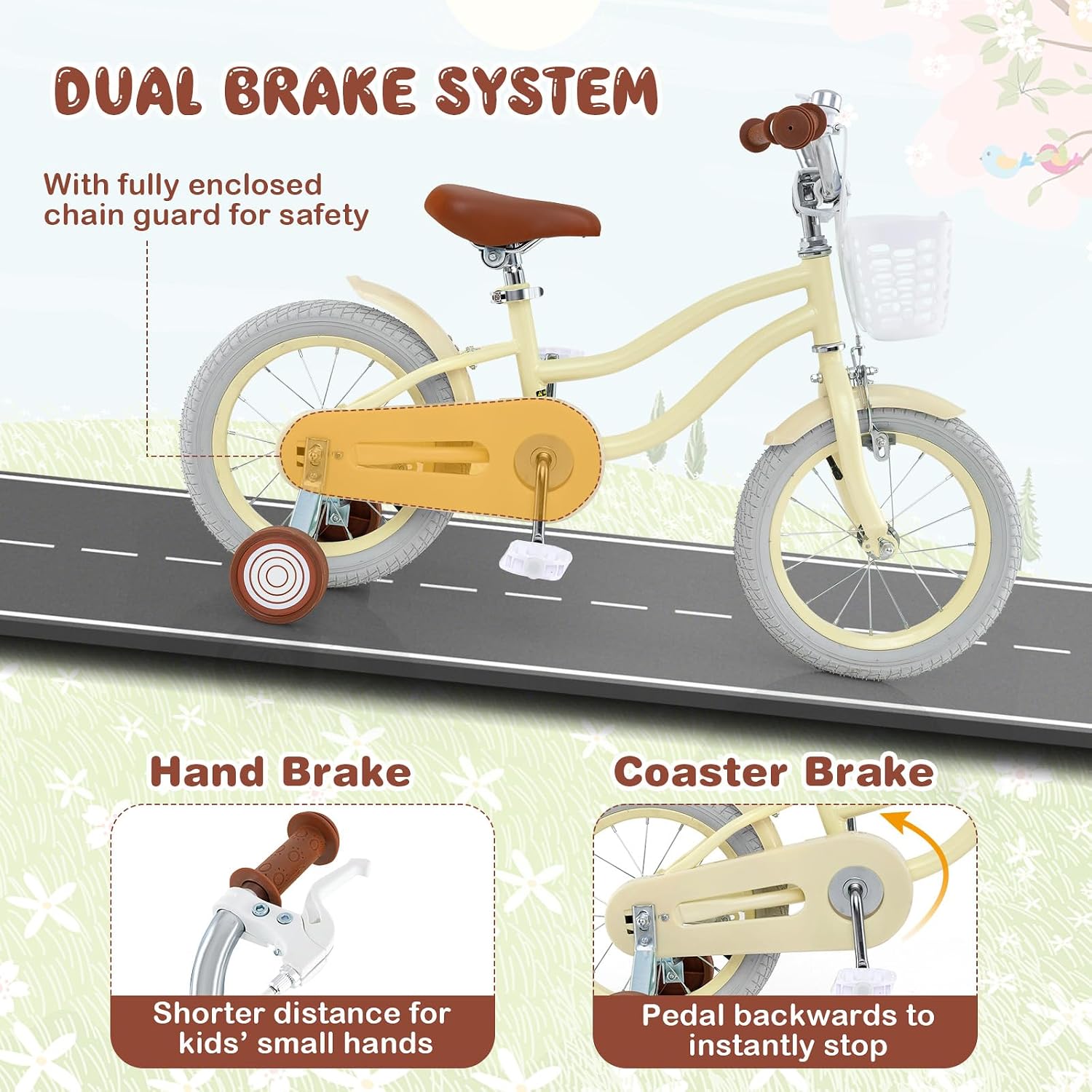 12-20 Inch Adjustable Kids Bike, Boys Girls Bike for Age 3-8 Years with Basket, Training Wheels, Handbrake and