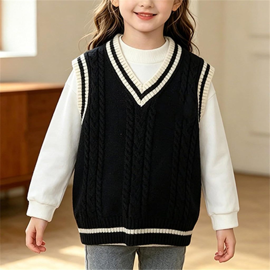 Boys Girls School Uniform Sweater Vest Kids Cable V Neck Sleeveless Knitted Preppy Back to School Color Block Tank Tops
