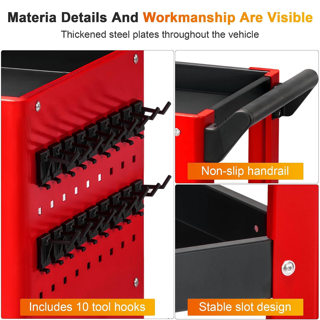 3 Tier Rolling Tool Cart, Red and Black Load Capacity of 1000 LBS | On Wheels, Mechanic Storage Organizer, With Pegboard
