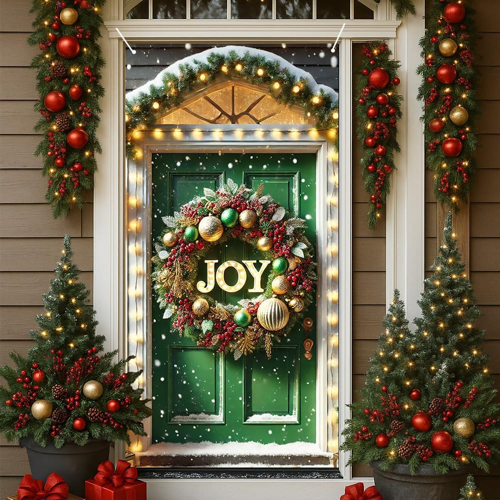 2D Flat 71x35 Inch Large Green Door Christmas Banner with Glowing JOY Wreath Red Berry Pine Garland Wall Hanging for