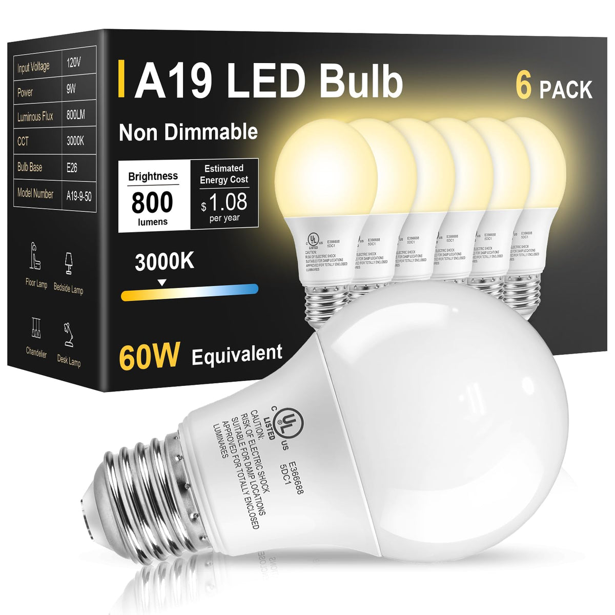 6 Pack LED Light Bulbs 60 Watt Equivalent, Soft Warm White 3000K A19