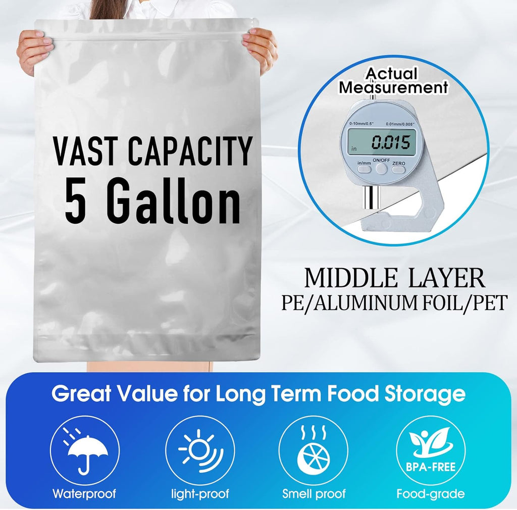 15 Mil 5 Gallon Mylar Bags for Food Storage with 2500cc Oxygen Absorbers - 55 Pack Mylar Bags Include 5 Gallon, 1
