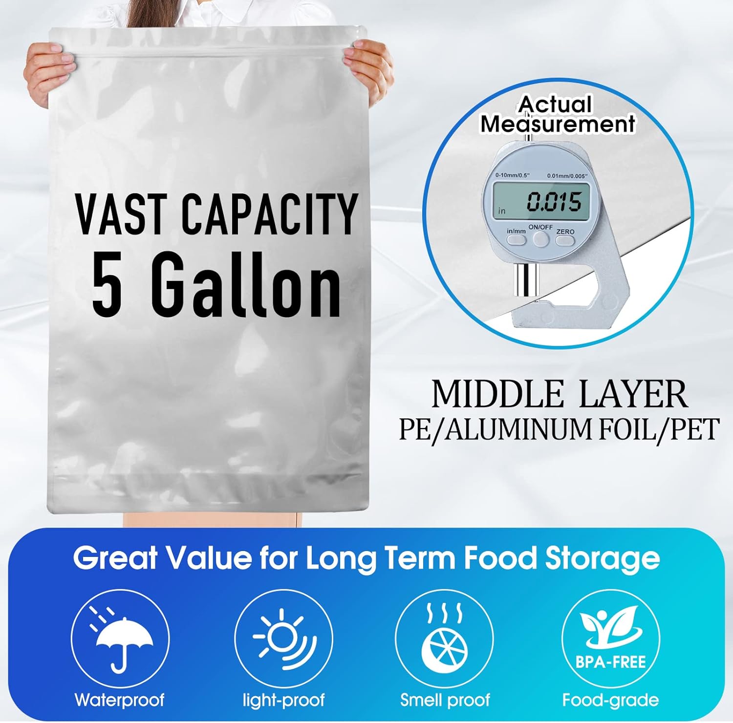 15 Mil 5 Gallon Mylar Bags for Food Storage with 2500cc Oxygen Absorbers - 55 Pack Mylar Bags Include 5 Gallon, 1