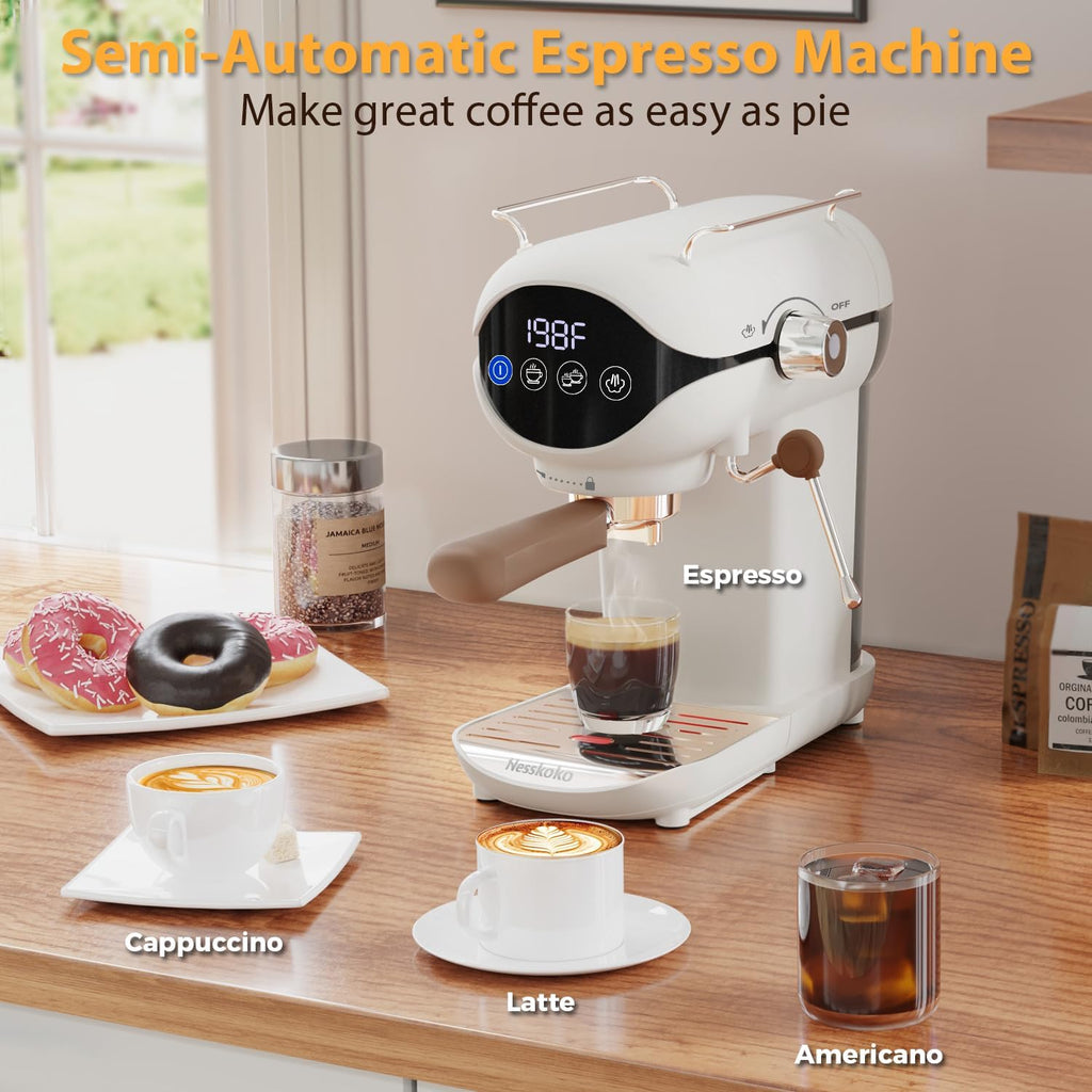 Espresso Machine with Steam Milk Frother Semi Automatic 20 Bar Compact White with Touch Screen for home Cafetera