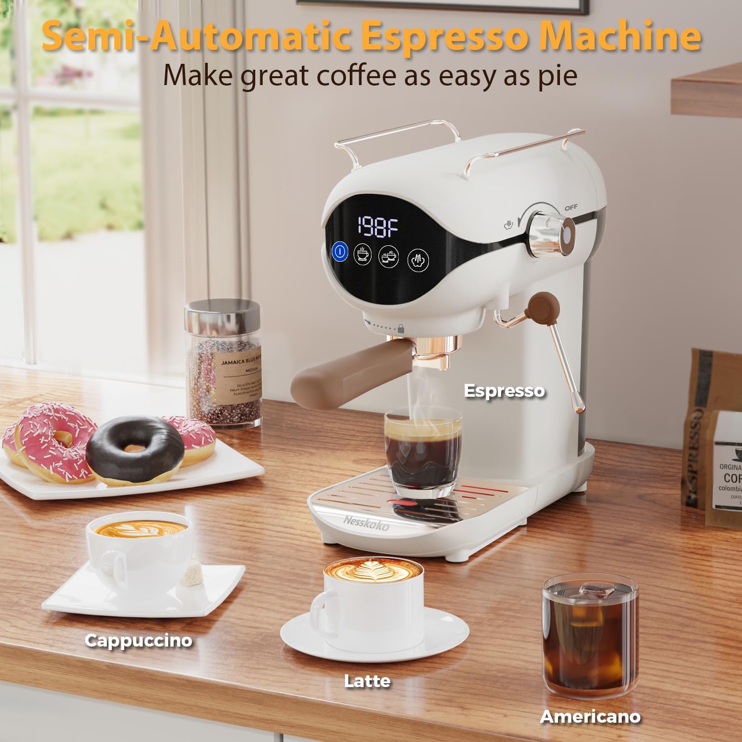 Espresso Machine with Steam Milk Frother Semi Automatic 20 Bar Compact White with Touch Screen for home Cafetera