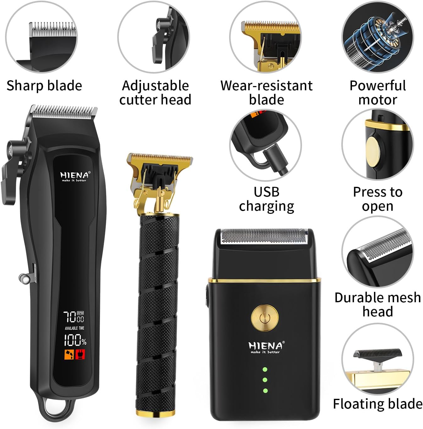 Professional Hair Clipper Set for Men, Cordless Barber Clippers Set and Trimmer Kit, USB Rechargeable Electric Beard