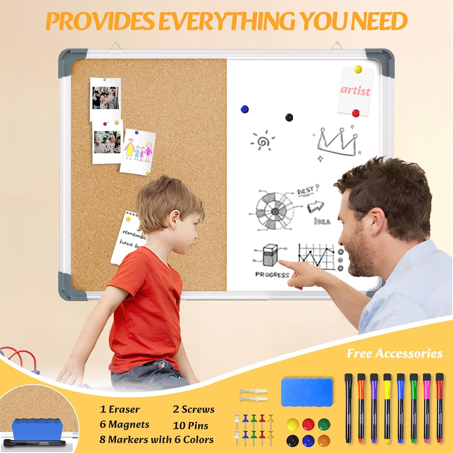 White Board Cork Board Combo, 24×18 inch for Office, Home, School, Vision Board, Pin Bulletin, Markers, Eraser