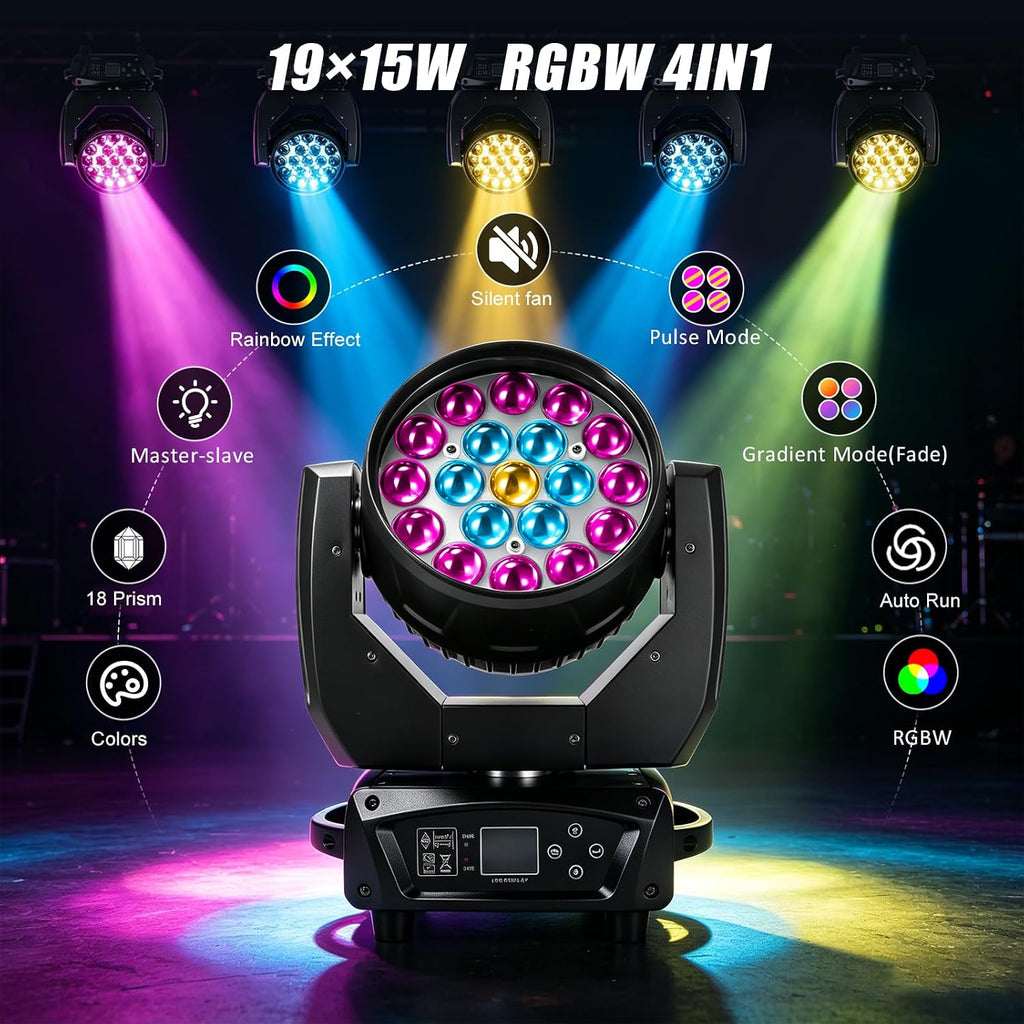 19x15W Moving Head DJ Light, RGBW Zoom LED Stage Lights | Beam/Wash/Zoom Stage Effects, Sound Active & DMX512