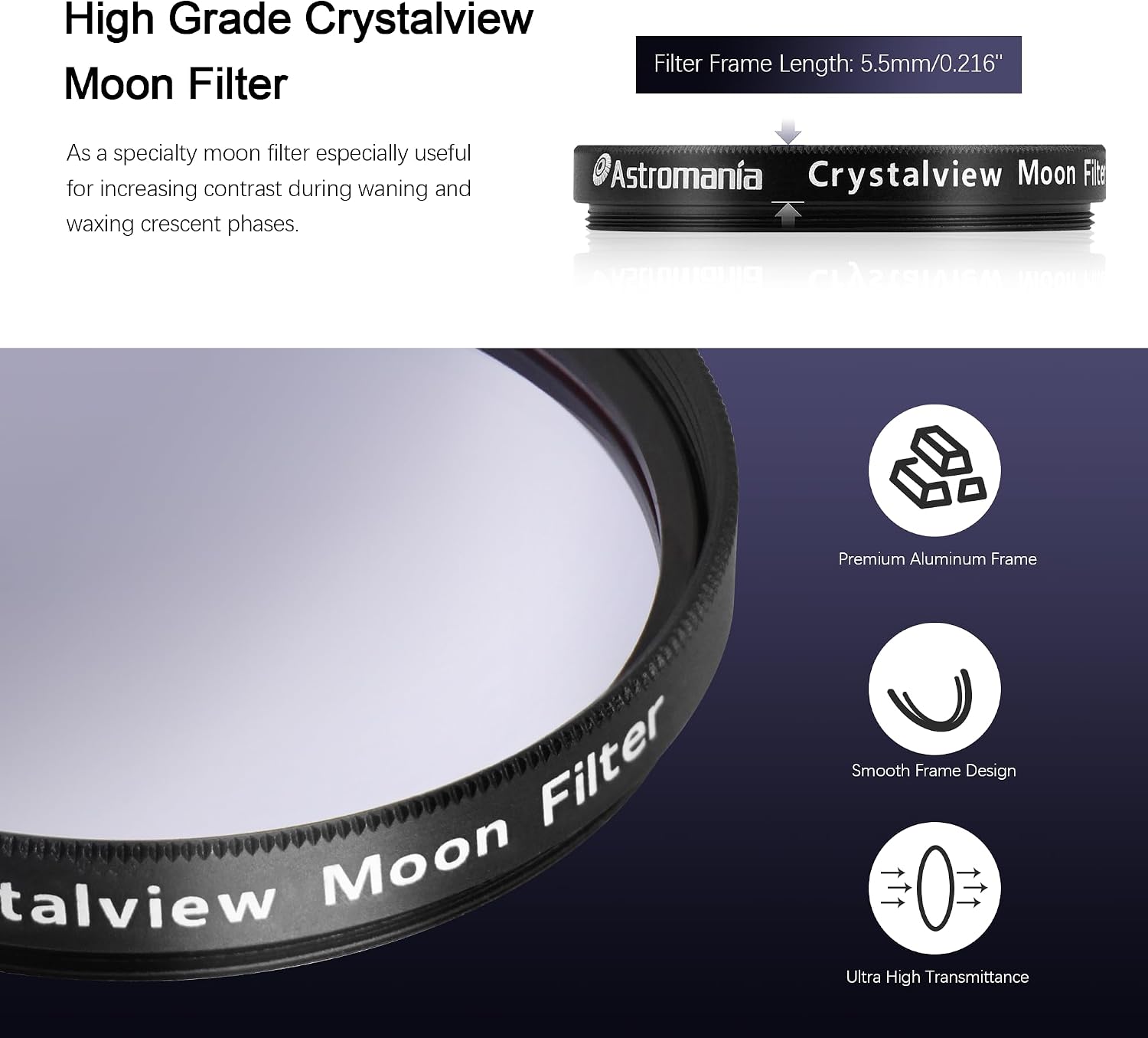 Moon Filter for Telescope 2 Inch Crystalview Moon Lunar Filter | Reduce Moon Glare, Enhance Lunar Crater Detail