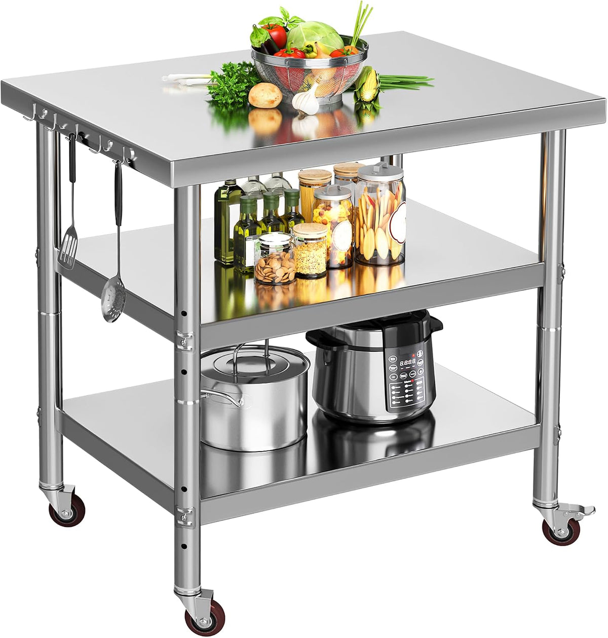 30" X 24" Stainless Steel Table with Wheels, 3 Shelves