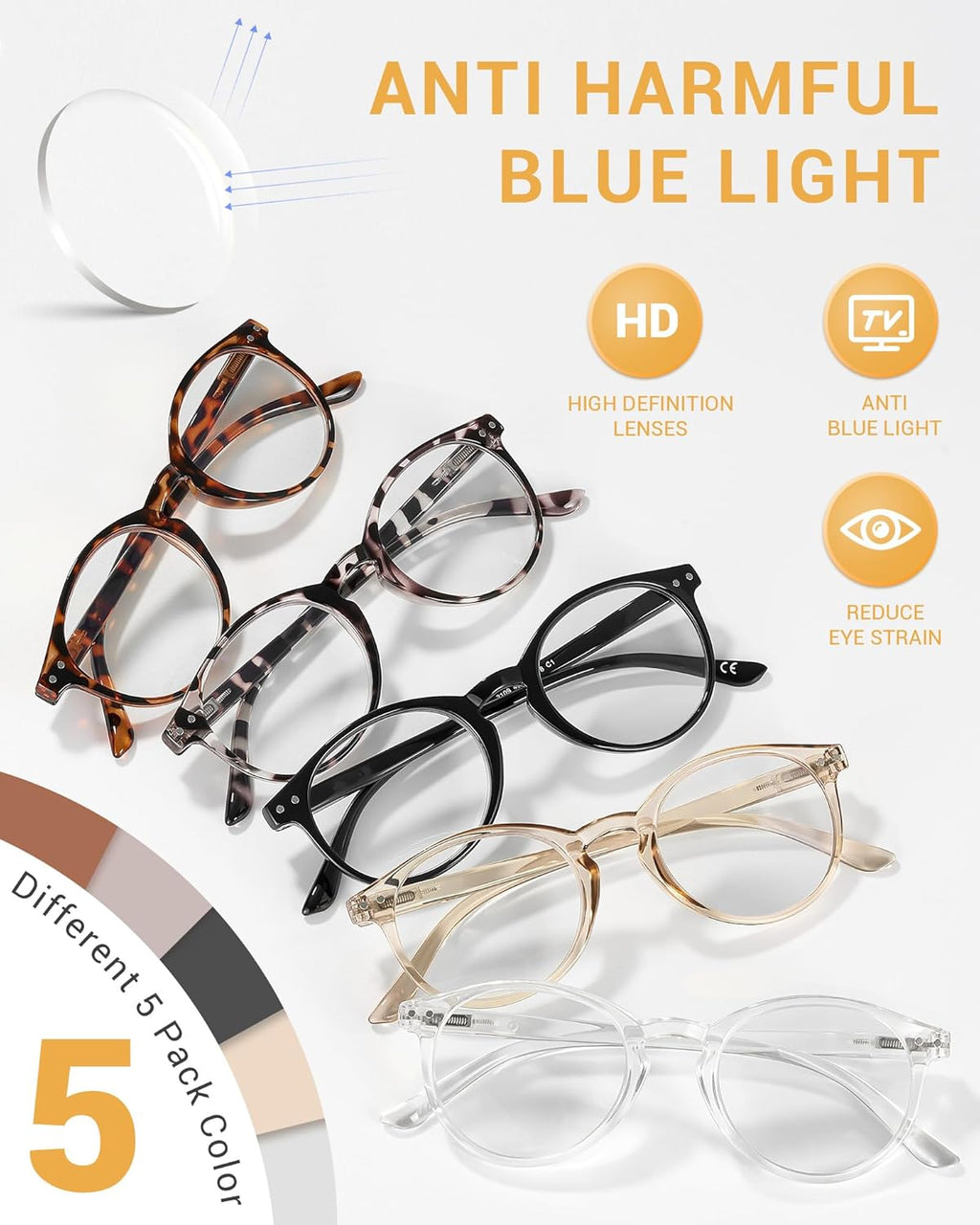 5 Pack Reading Glasses For Women/Men-Blue Light Blocking Computer Reader w/Round Frame - Retro Clear Lens Fake