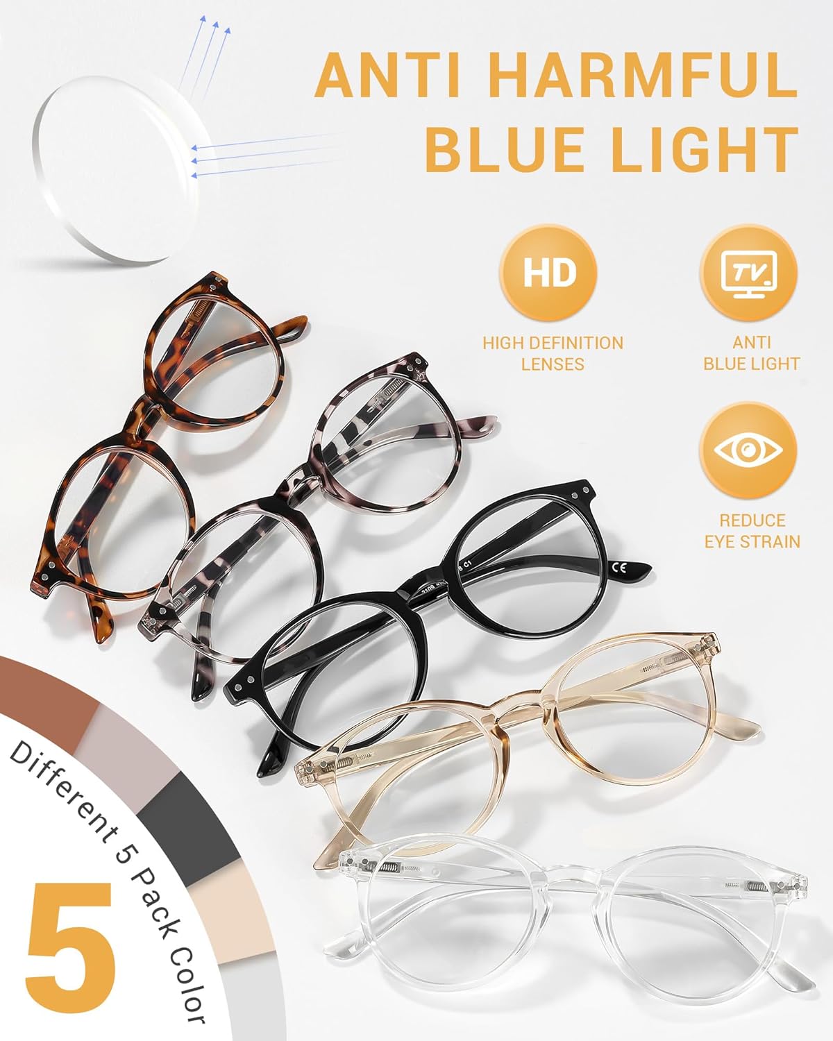 5 Pack Reading Glasses For Women/Men-Blue Light Blocking Computer Reader w/Round Frame - Retro Clear Lens Fake