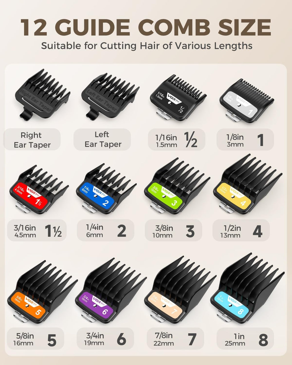 Clipper Guards, 12-Piece Color Coded Guide Combs for Most Clippers | Color Coded Hair Cutting Guides from 1/16” to