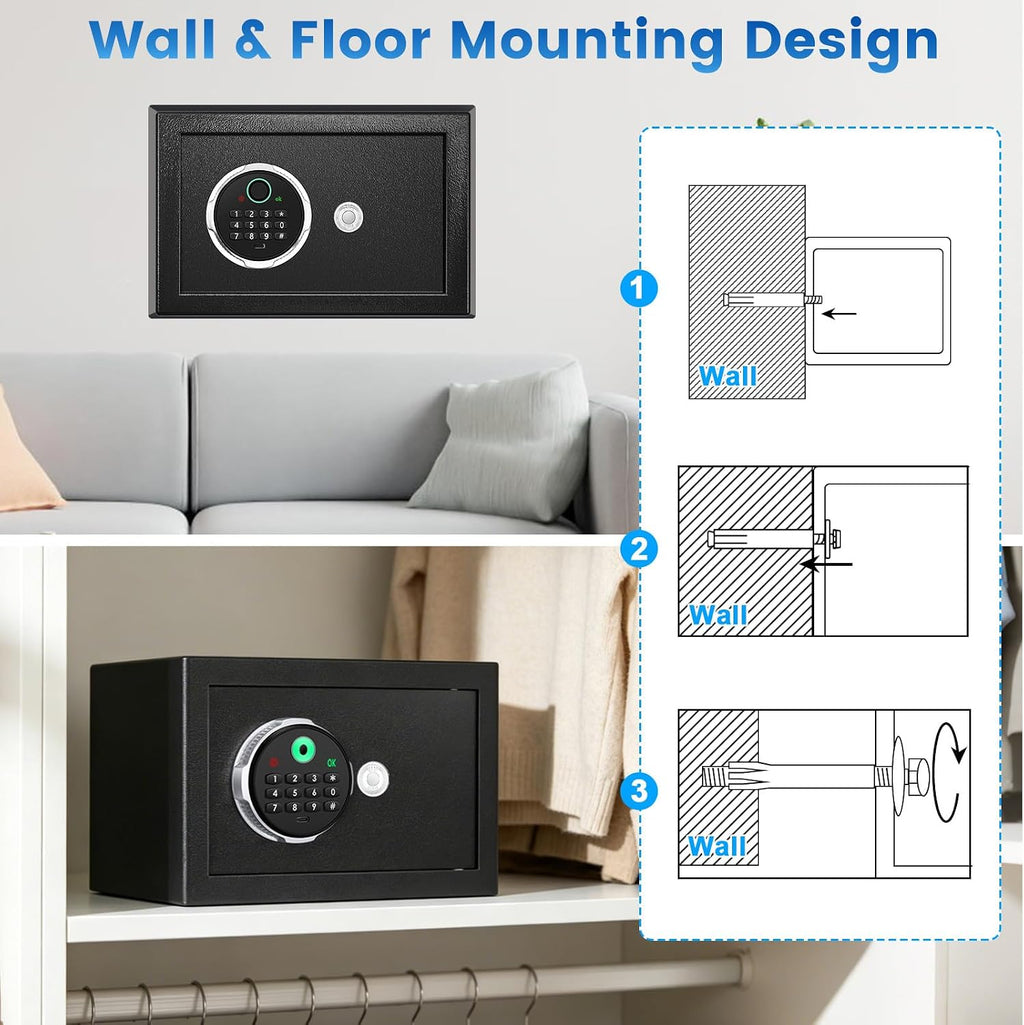 Small Smart Biometric Safe Box for Home, (7.87"D x 12.2"W x 7.87"H) | Mini Safes with Anti-Theft Dual Alerts, Mute