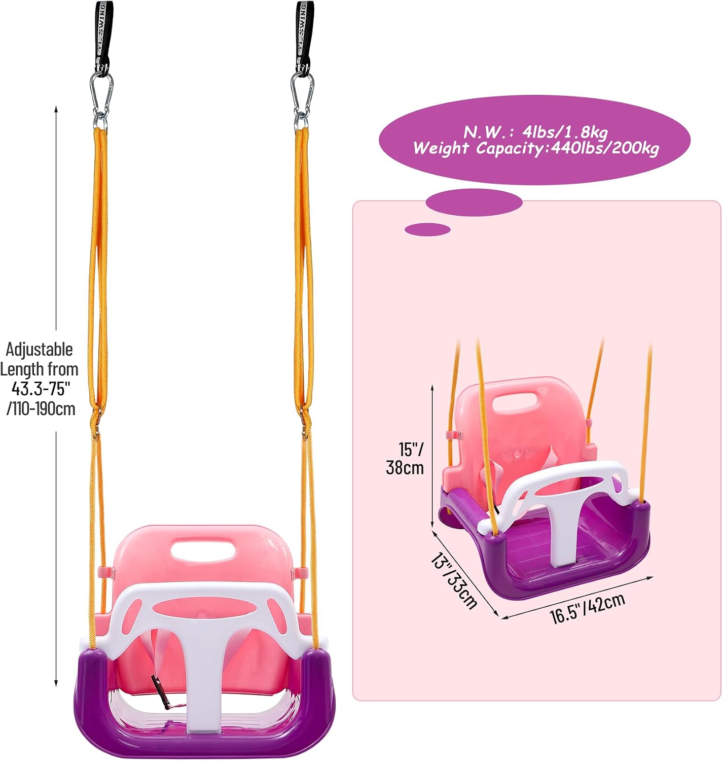 3-in-1 Baby Swing Seat, Toddler Swings, Anti-Flip Snug & Secure Detachable Infants to Teens Kids Swing Seat for