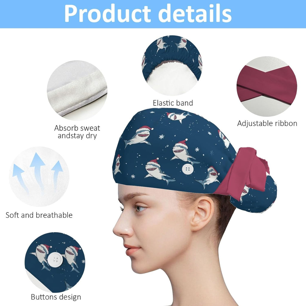 Scrub Caps Women Ponytail, Adjustable Surgical Caps with Buttons and Sweatband, Bouffant Hat with Hair Scrunchy