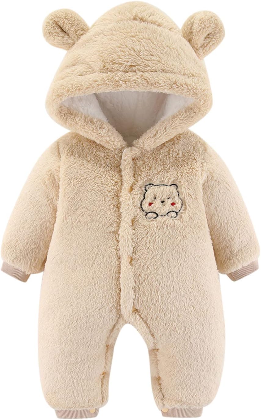 Newborn Baby Boy Girl Winter Snowsuit Cute Bear Ears Fluffy Fleece Jumpsuit Warm Hooded Romper One-Piece Outfit