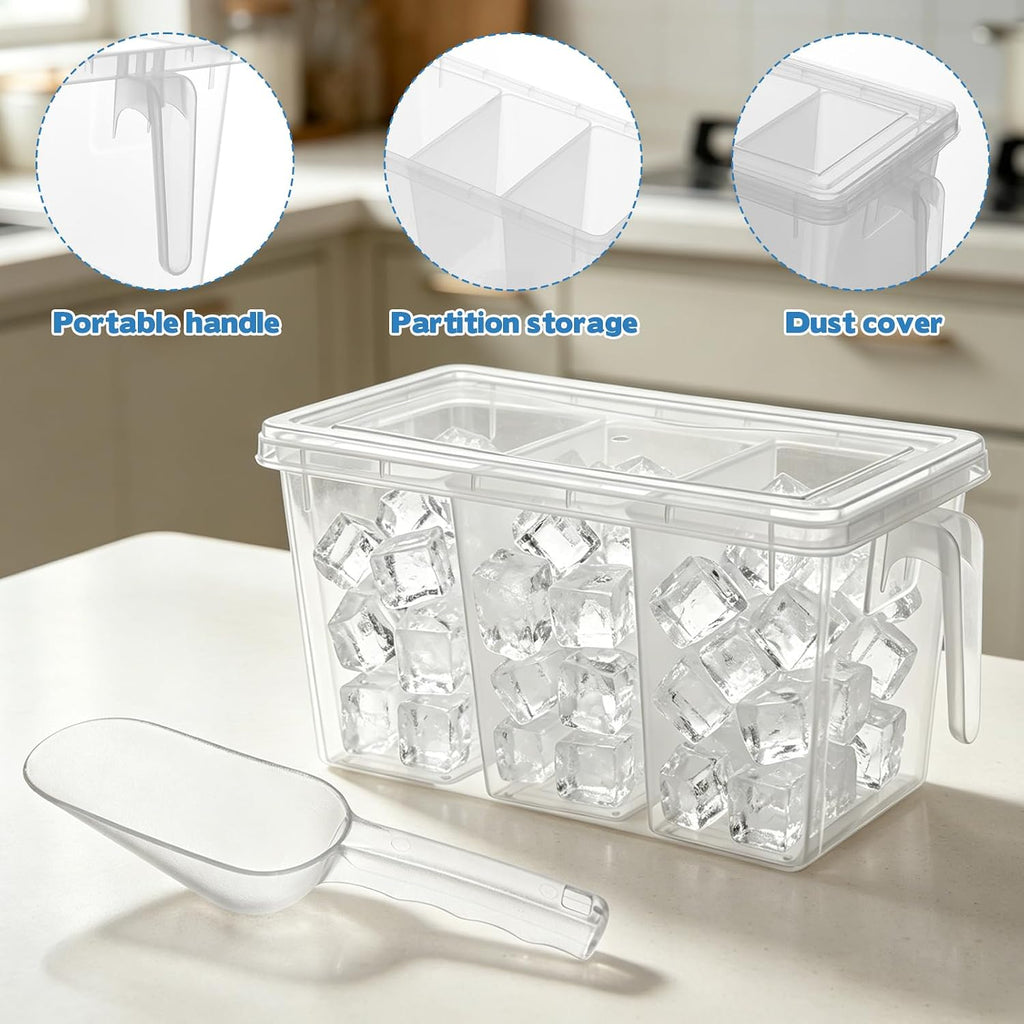2 Set 3 Divided Ice Bin for Freezer with Lid and 2 Scoop Set Plastic Freezer Ice Bin with Pull-Out Handle Clear