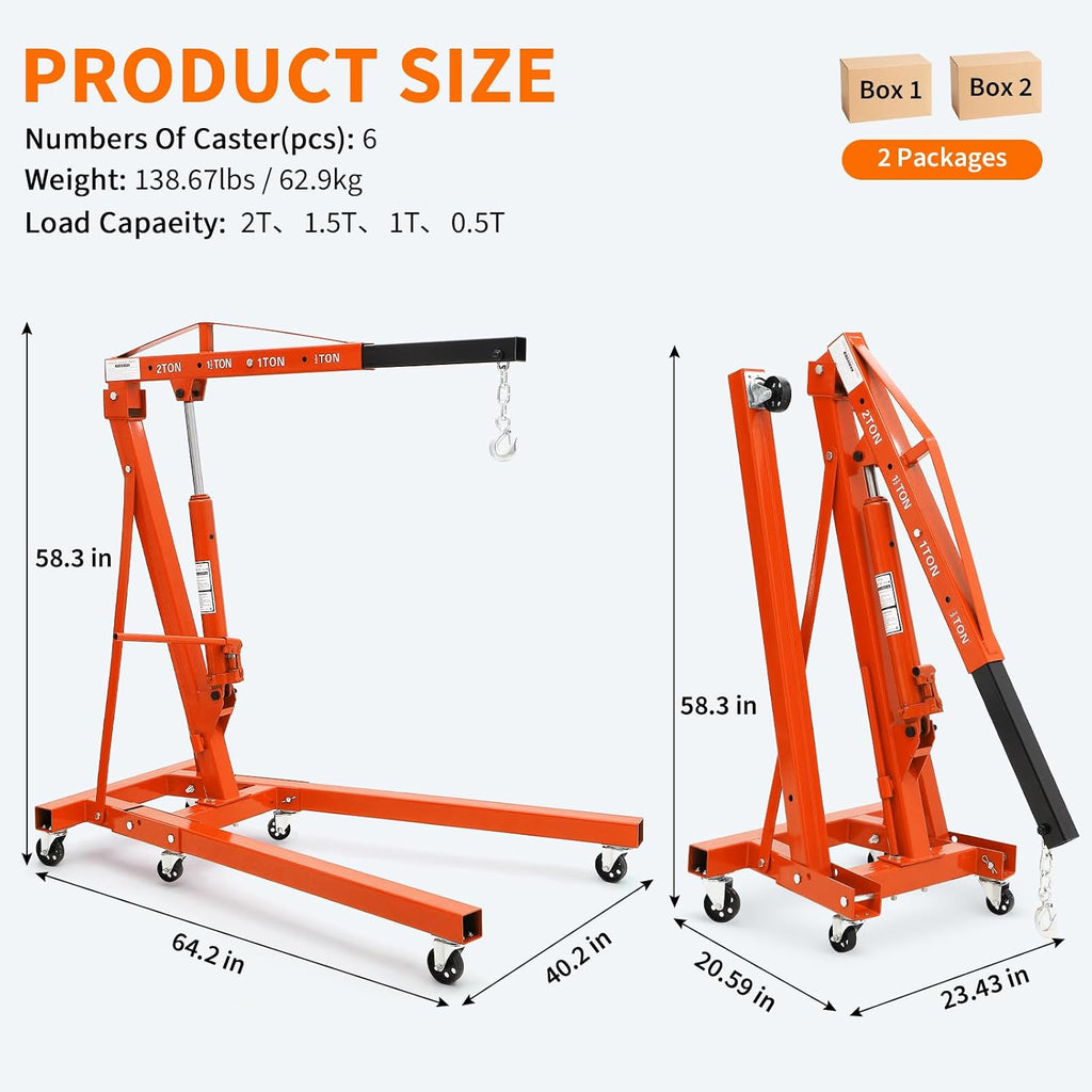 2-Ton Folding Engine Hoist Cherry Picker 4400 Lb Capacity Hydraulic Shop Crane with Telescoping Boom 6 Caster Wheels