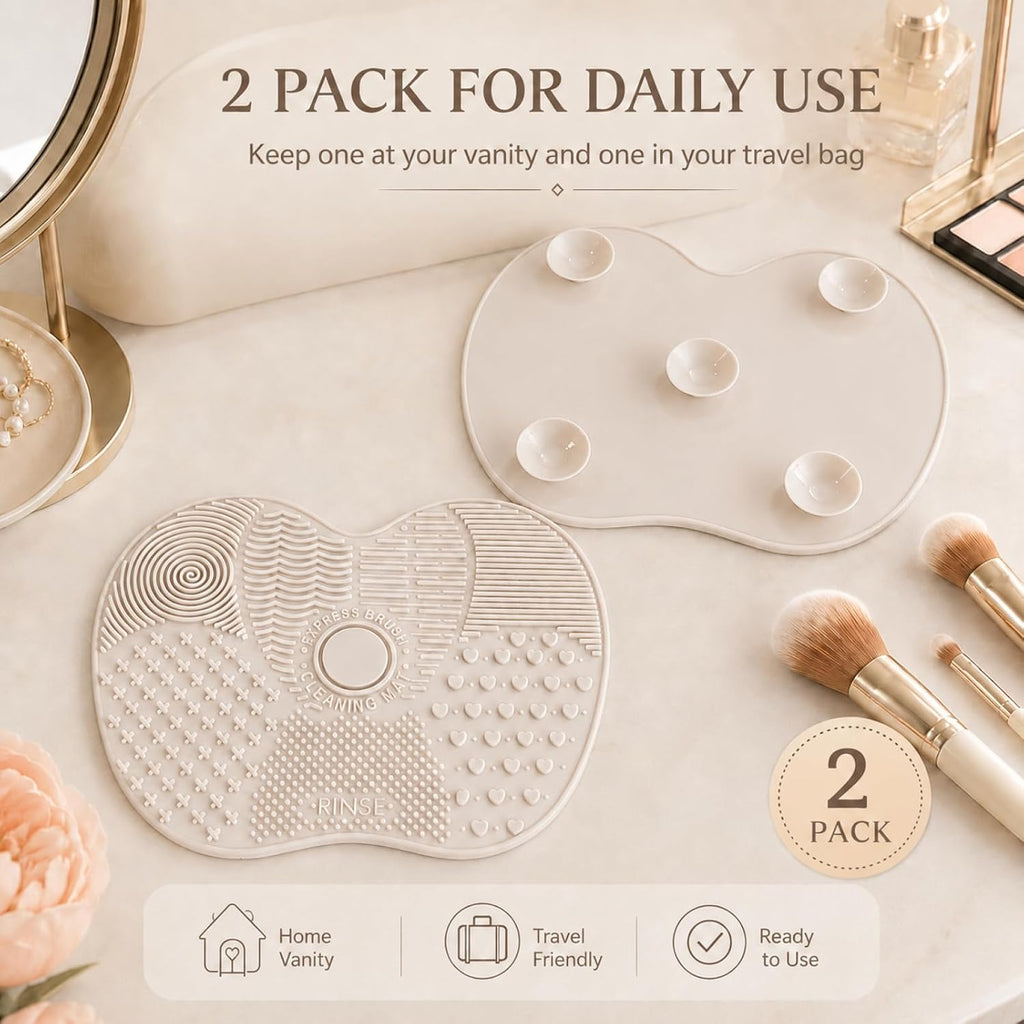 Makeup Brush Cleaner Mat 2 Pack, Silicone Suction Pad, Grey