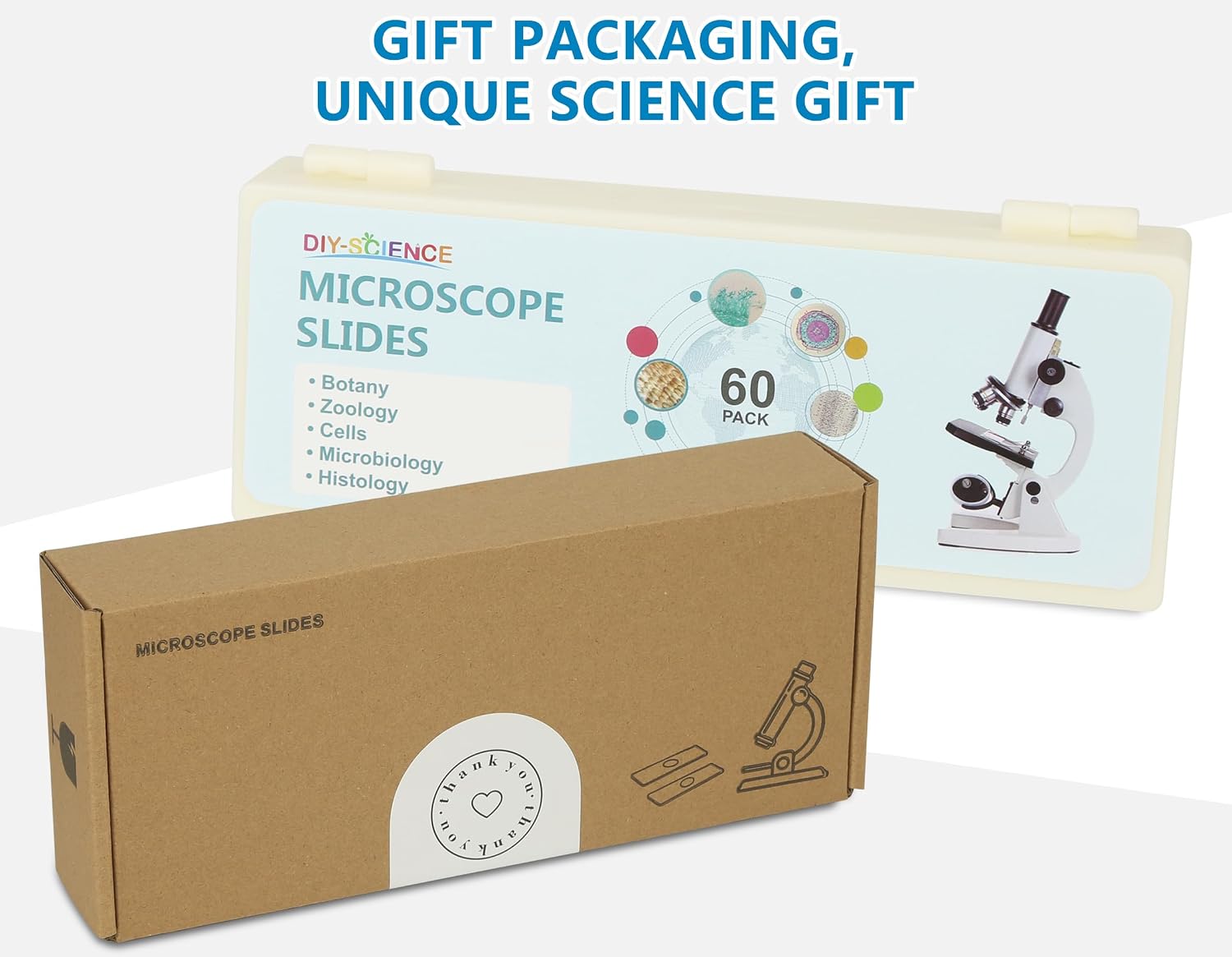 Microscope Slides with Specimens for Kids, 60 Lab-Grade Prepared Microscope Slides, Animal/Plant/Microbe/Tissue