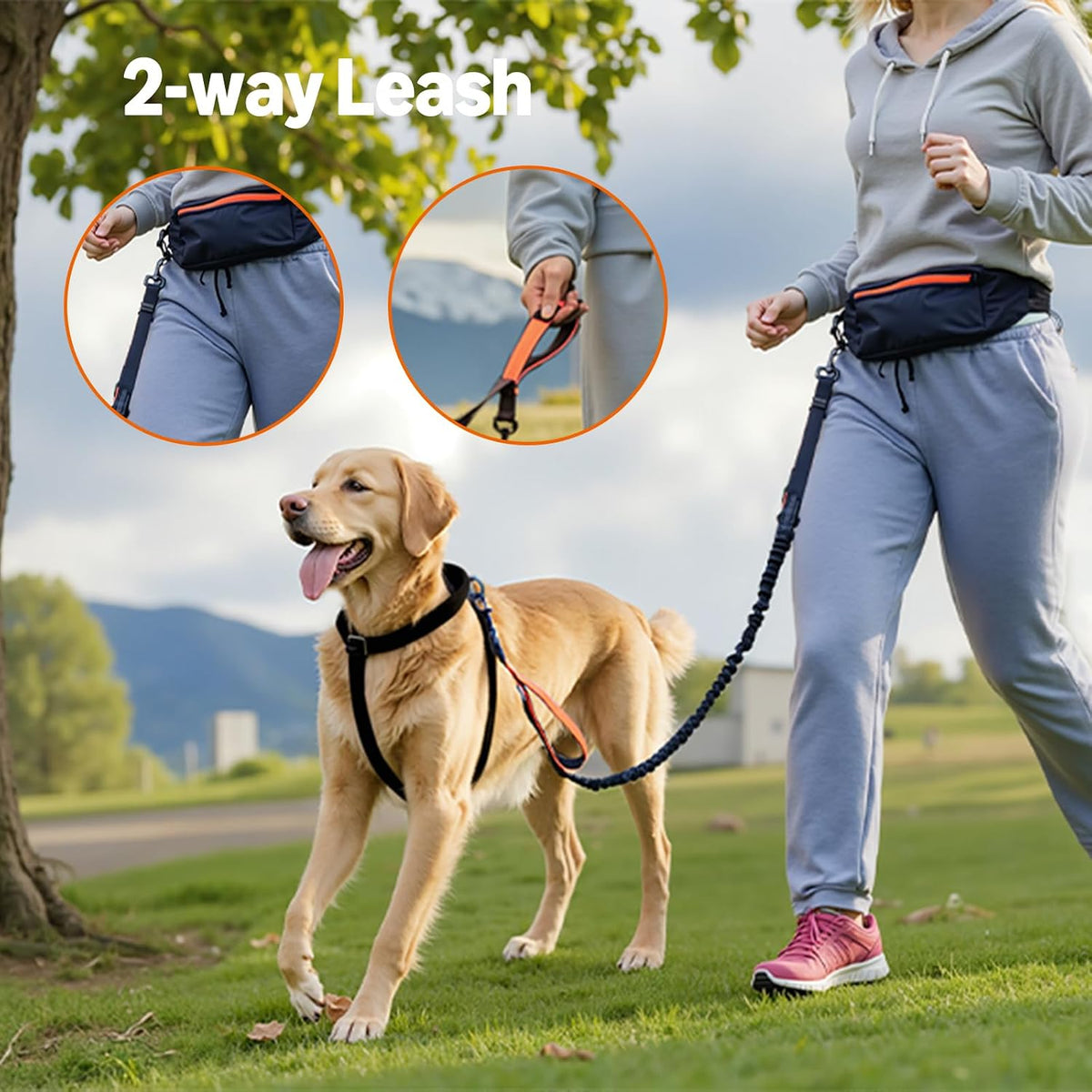 Hands Free Dog Leash with Running Bag, Adjustable Waist Belt, Dual Padded Handles, Reflective Bungee Leash for