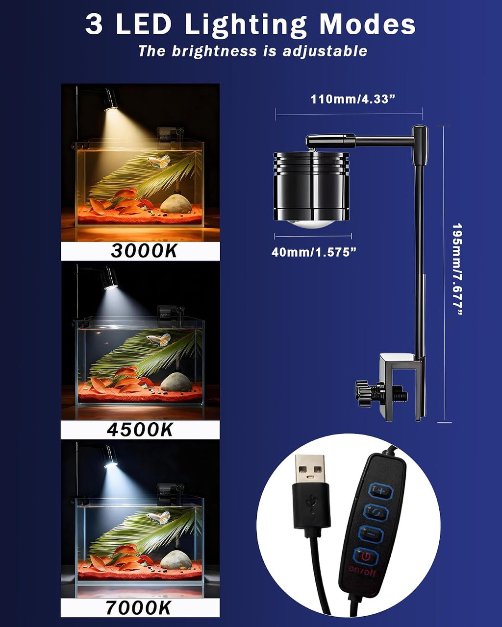 Aquarium LED Light, 5W Clip-on Fish Tank Lamp, 3 Colors, 7.7 Inch Fixed Arm, USB 5V Downlight