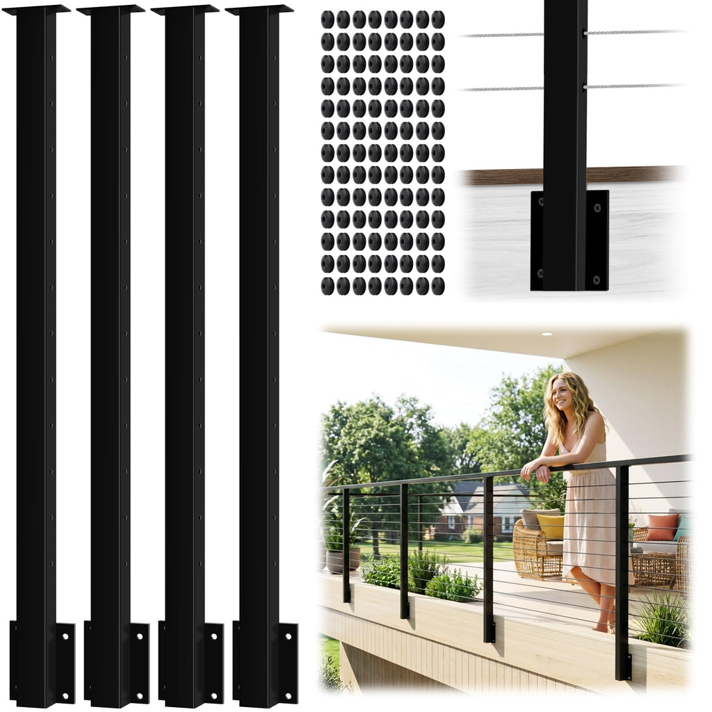 4 Pack Side Mount Cable Railing Post for 42" Railing System (Post Body 48"), Level Drilled Space-Saving Fascia Mount