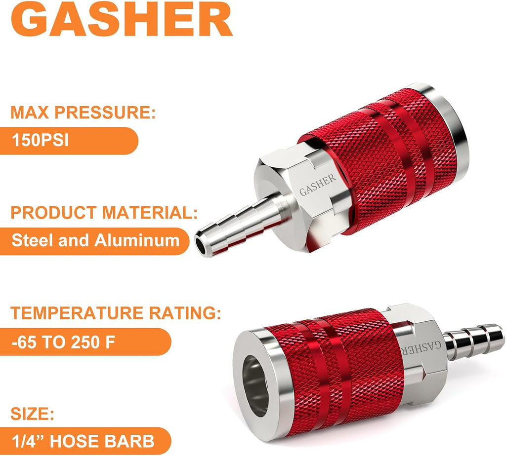 GASHER 2Pcs Red Industrial Air Coupling with 1/4" Hose Barb, 1/4" Basic Flow Quick Connect Air Coupler I/M Type With Hose Clamp