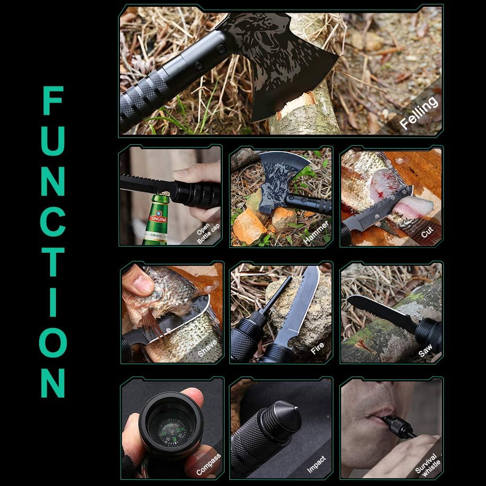 Survival Camping Axe, Folding Tactical Hatchet Axe for Outdoor | Multi-Functional Tactical Tomahawk with Hammer