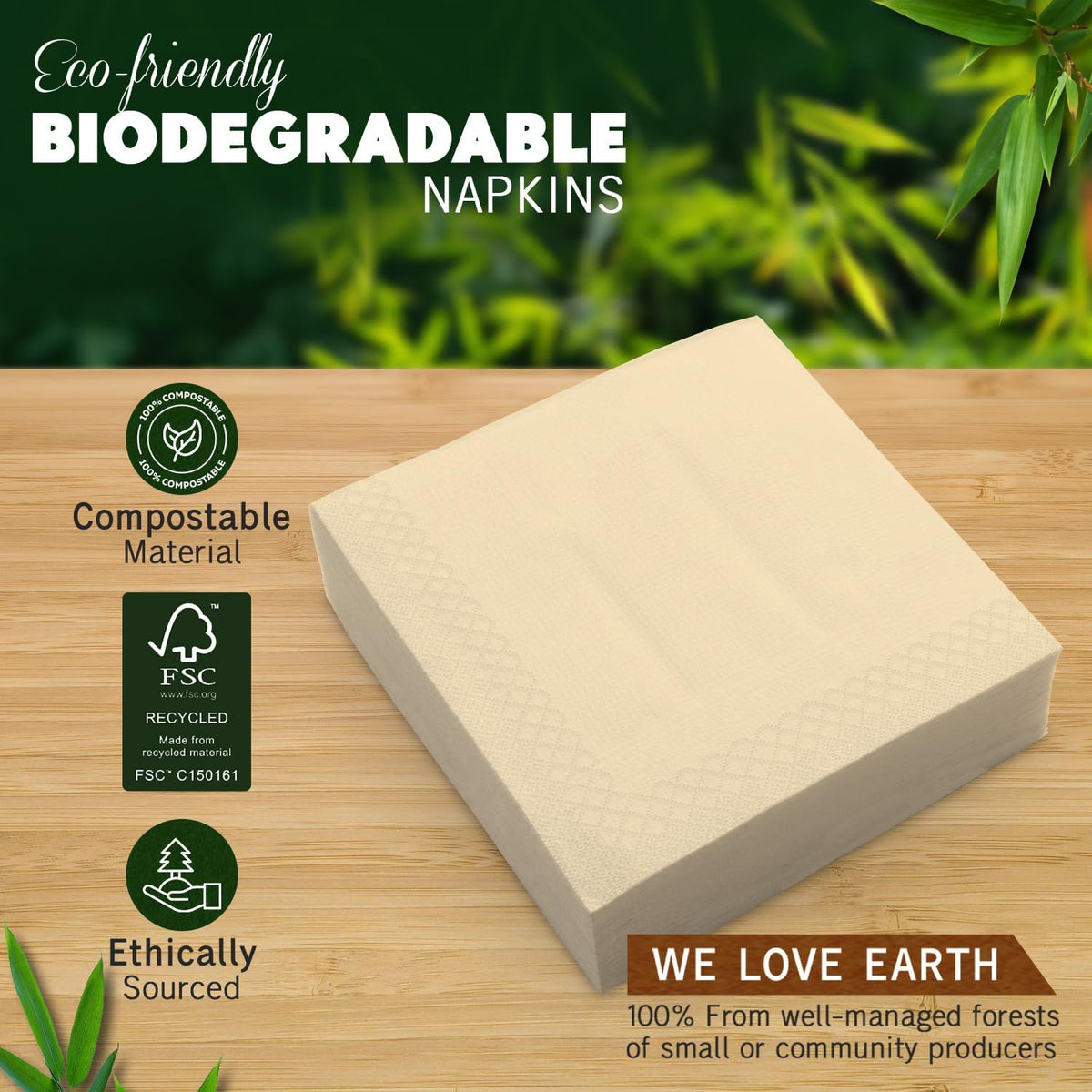Compostable Napkins Disposable - FSC Certified - Pack of 300, 2-Ply