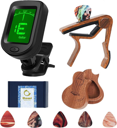 Guitar Capo and Clip-On Tuner Set with 6 Picks & Holder for Acoustic Guitar | All-in-One Chromatic Tuner & Capo Set