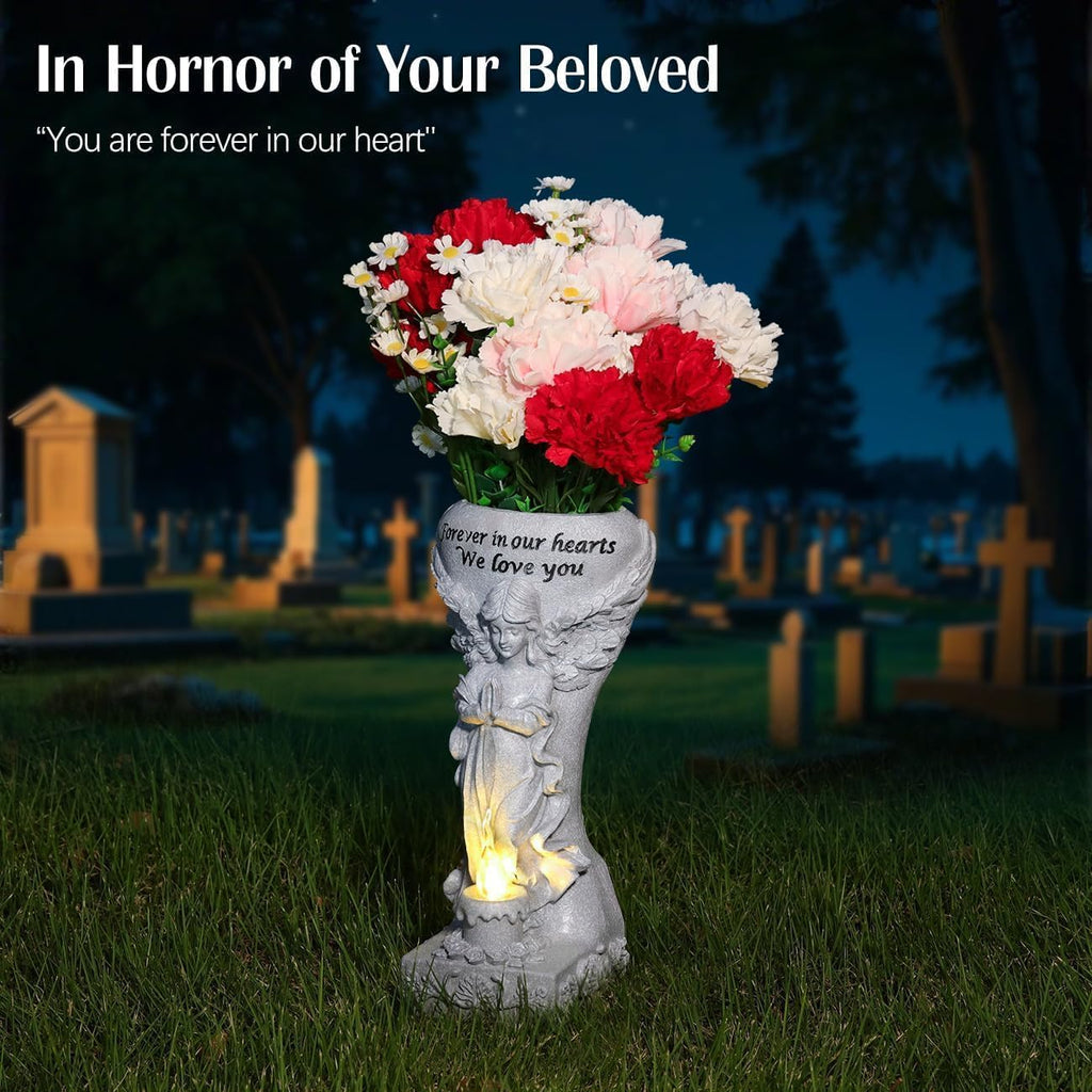 Solar Cemetery Vase for Grave, Praying Angel Garden Stake Sculpture