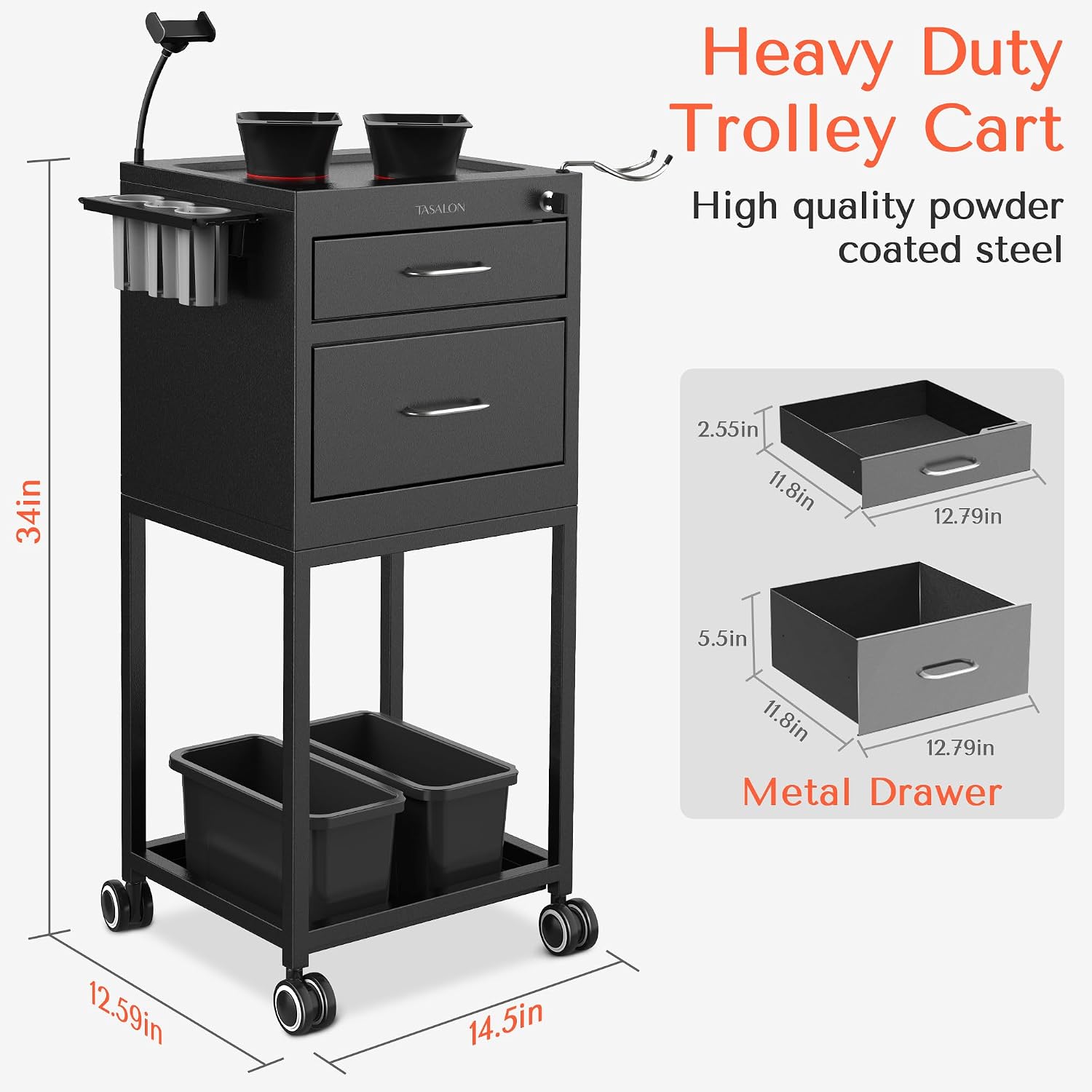 Wheeled Lockable Metal Salon Cart with Drawers & 2 Magnetic Bowls | Rolling mobile storage trolley designed for