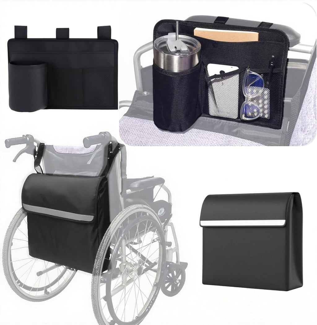 Wheelchair Accessories 2-Pack Set: Wheelchair Side Bag with Cup Holder & Back Bag - Fits All Wheelchairs | Wheelchair