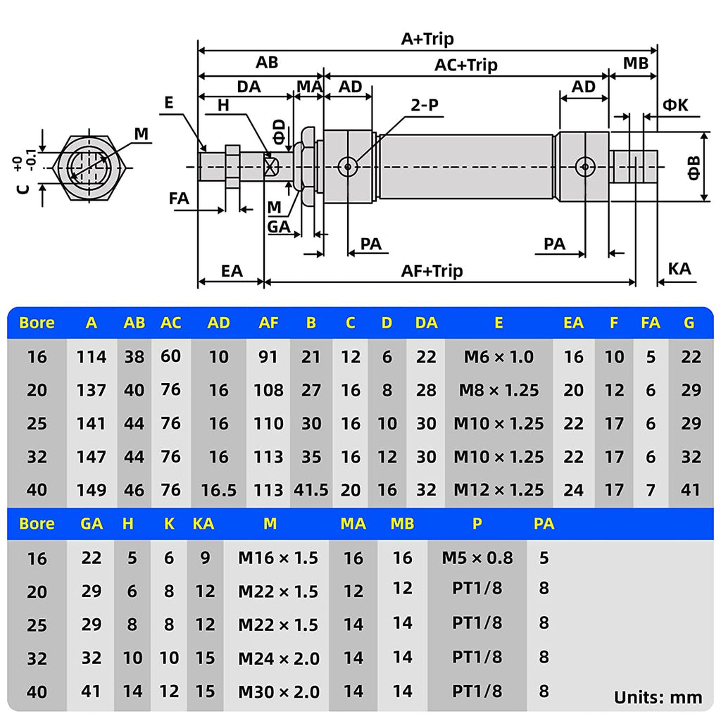 TAILONZ PNEUMATIC 40mm Bore 100mm Stroke Air Cylinder Double Action with Y Connector and 2Pcs 8mm Fitting MAL40x100