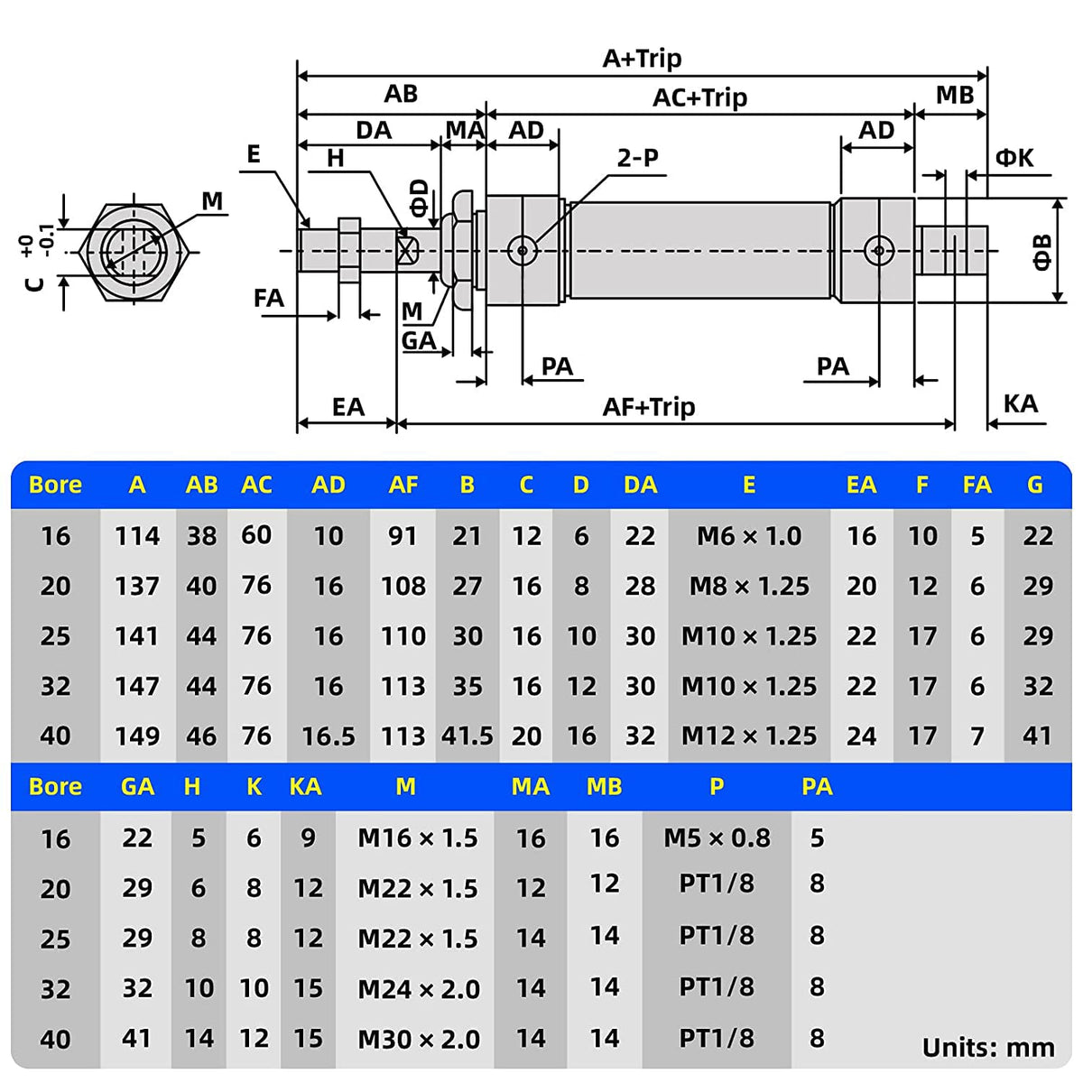 TAILONZ PNEUMATIC 40mm Bore 100mm Stroke Air Cylinder Double Action with Y Connector and 2Pcs 8mm Fitting MAL40x100