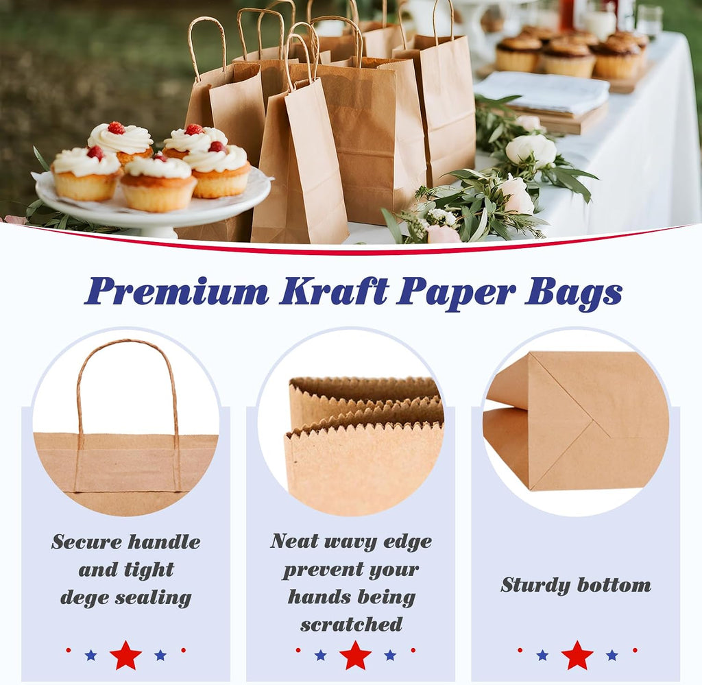 Medium Brown Kraft Paper Bags with Handles, 8x4.25x10.5, 100 Pack